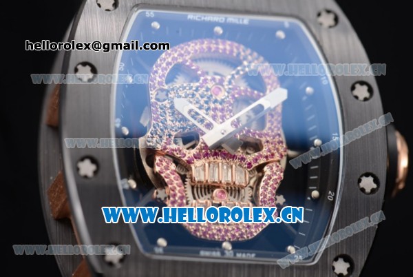 Richard Mille RM052 Miyota 9015 Automatic PVD/Rose Gold Case with Pink Skull Dial and PVD Bezel Black Rubber Strap - Click Image to Close